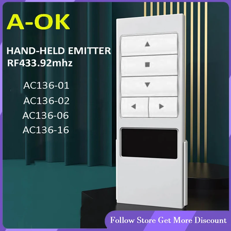 

A-OK AC136 Series Handheld RF433 Wireless Transmitter Remote Compatible with A-OK RF433 Motor for AC136-1-2-6-16