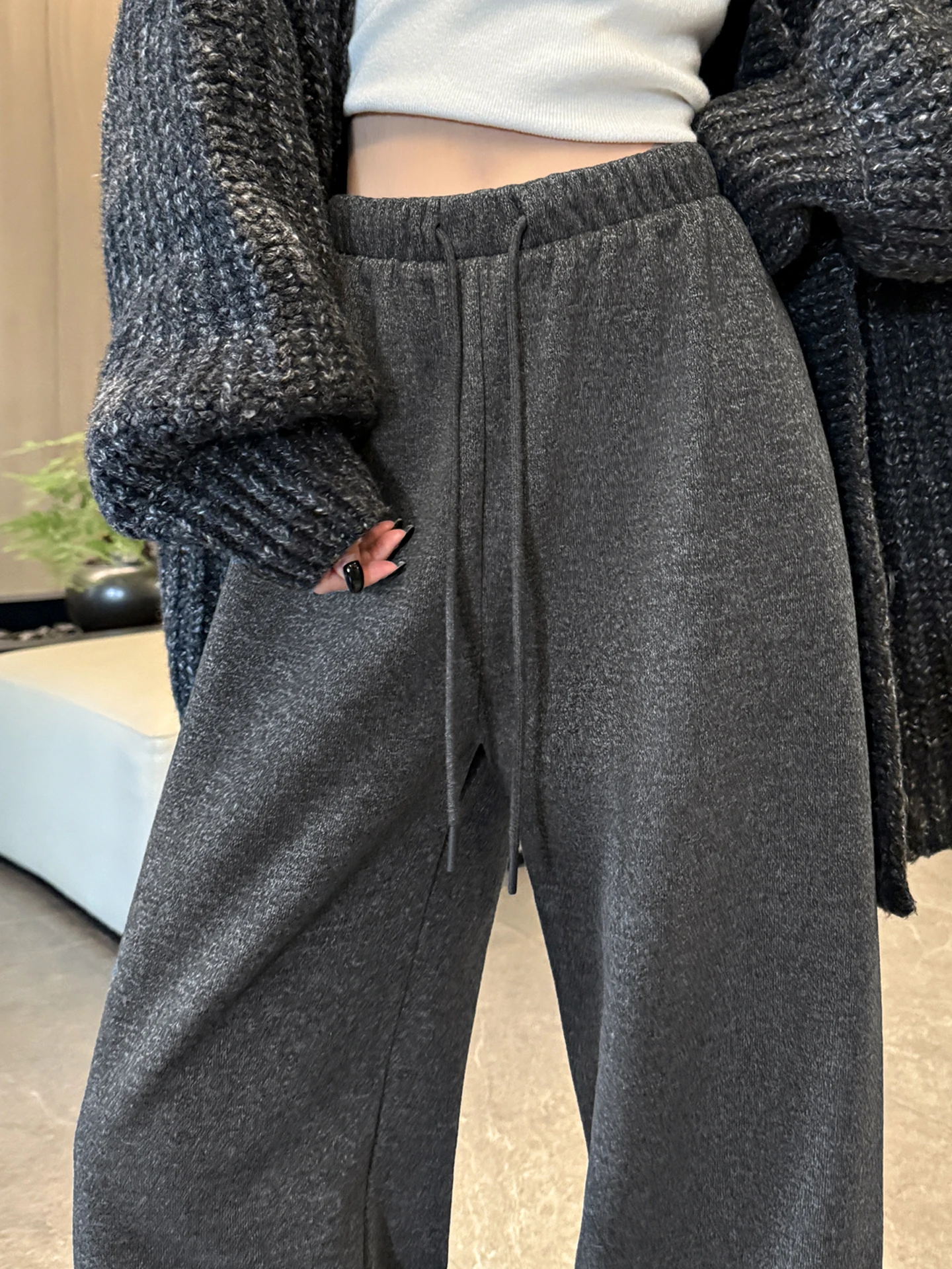 Thiened Fce 와이드 레그 스포츠 팬츠 여성용 하이웨이스트 스트레이트 컷 소프트 캐주얼 바지 드레이프 끈 바닥 길이