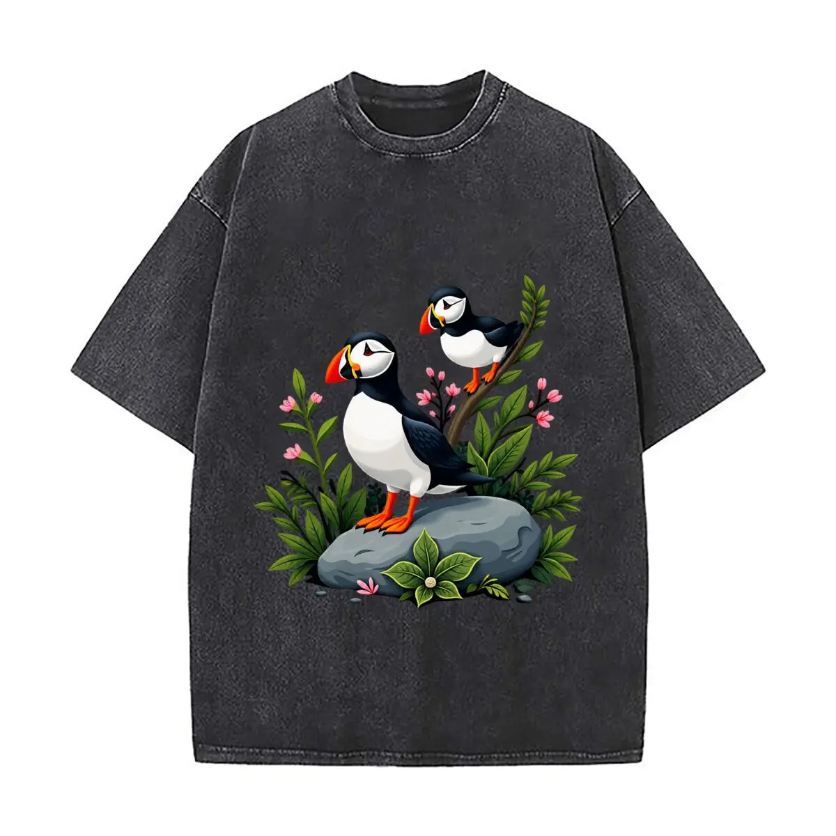 Two Puffins Perched On Rock With Flowers Vintage Distressed Loose Streetwear Tops
