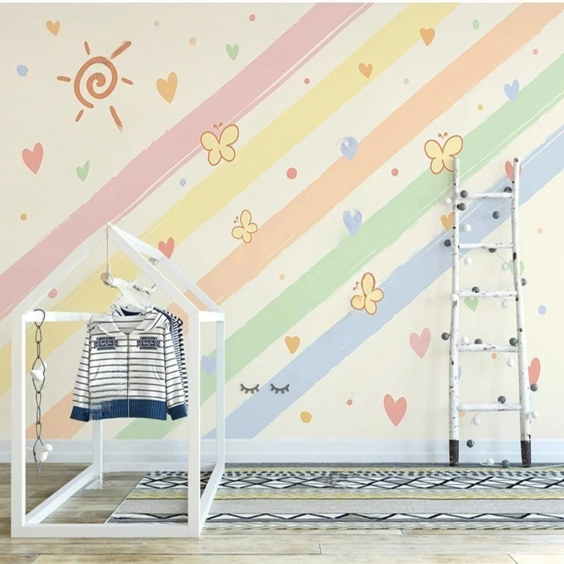 Custom Nordic Hand-Drawn Cartoon Rainbow Butterfly Heart Wall Murals for Hallway Room Wall Decor Papel Tapiz Wall Covering