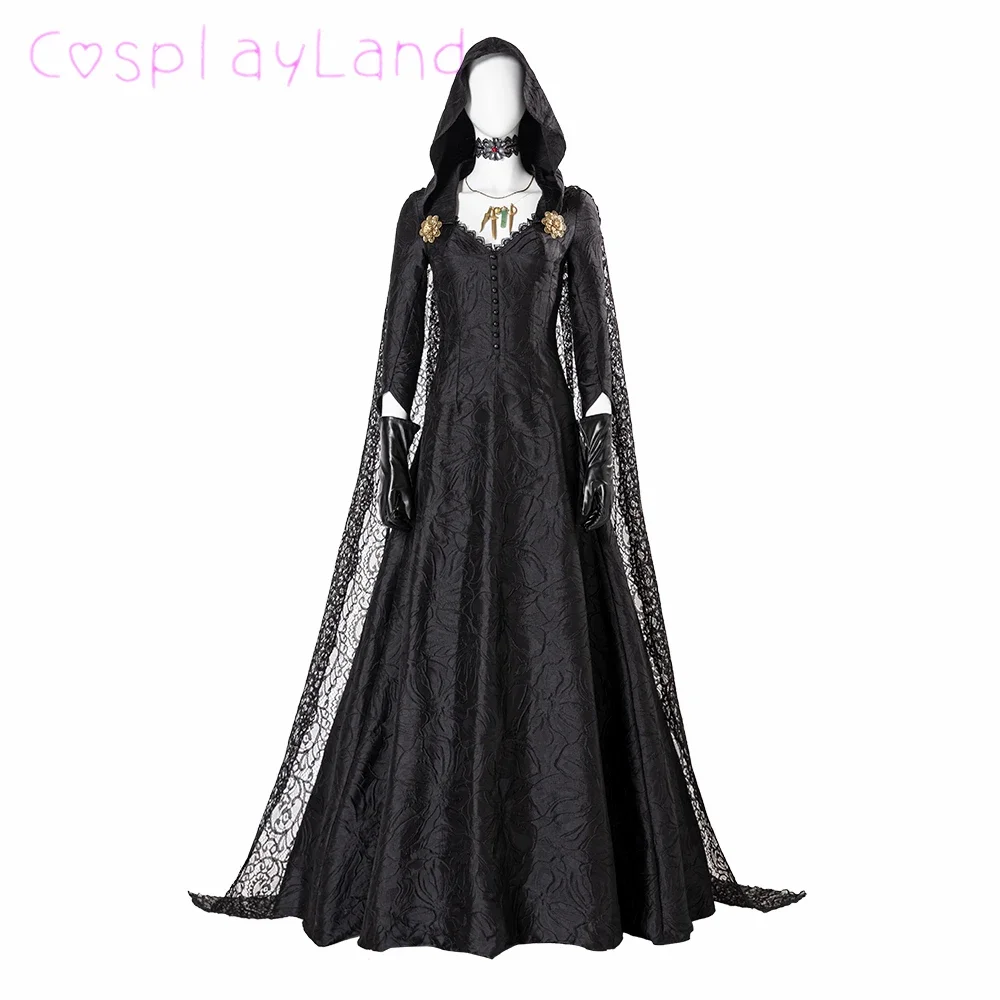 

Hot Game RE Village Daniela Dimitrescu Cosplay Black Dress Halloween Vampire Costume Middle Ages Evening Party Witch Outfit