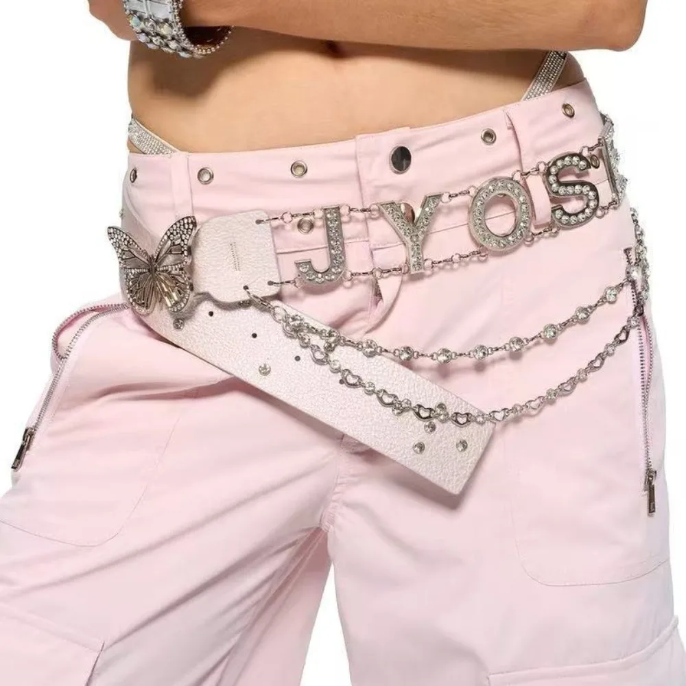 فريدة من نوعها بو الجلود حجر الراين أحزمة التوابل فتاة سلسلة فراشة الخصر سلسلة رسالة الأزياء Y2K حزام الجينز الزخرفية #1