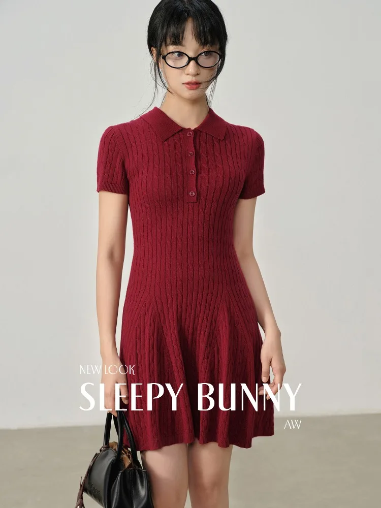 

Elegant Vintage Knit Dress Women Summer Short Sleeve Polo Collar Mini Dress Slim Fit Pleated Skirt Preppy Outfit for Casual Wear