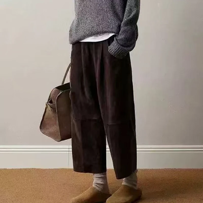 Real Suede Leather Pants Women Coffee Retro Sheepskin Elastic Waist Wide Leg Straight Cylinder Trousers Ankle-Length Pantalones