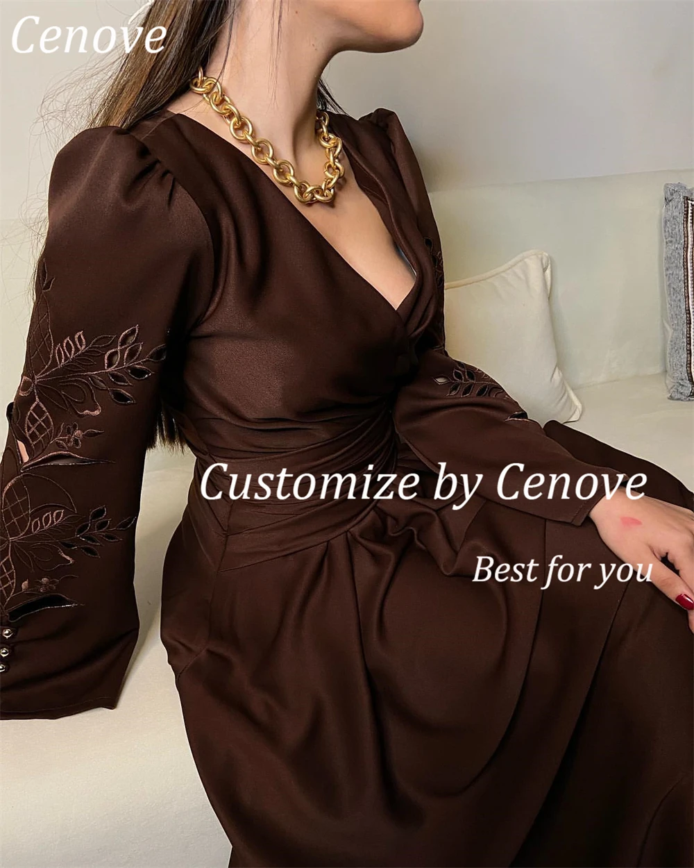 Cenove Long Sleeves A-Line Evening Gown Formal Princess V-Neck Embroidery Prom Russet Brown New Party Dresses for Women 2023