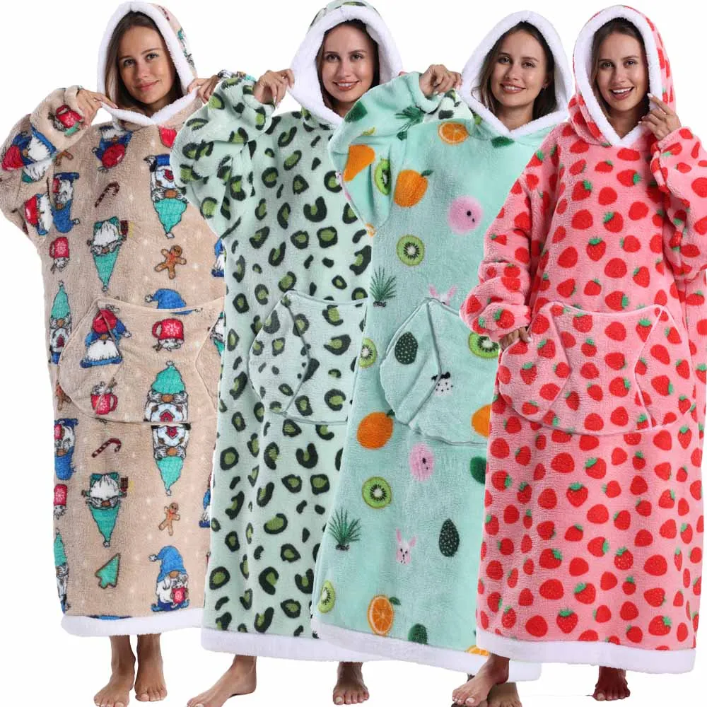 

Winter Bathrobe Towels for Women Clothes Night Wear Designer Dressing Gown Warm Long Pink Red Leopard Men Pajamas Hoodie Blanket