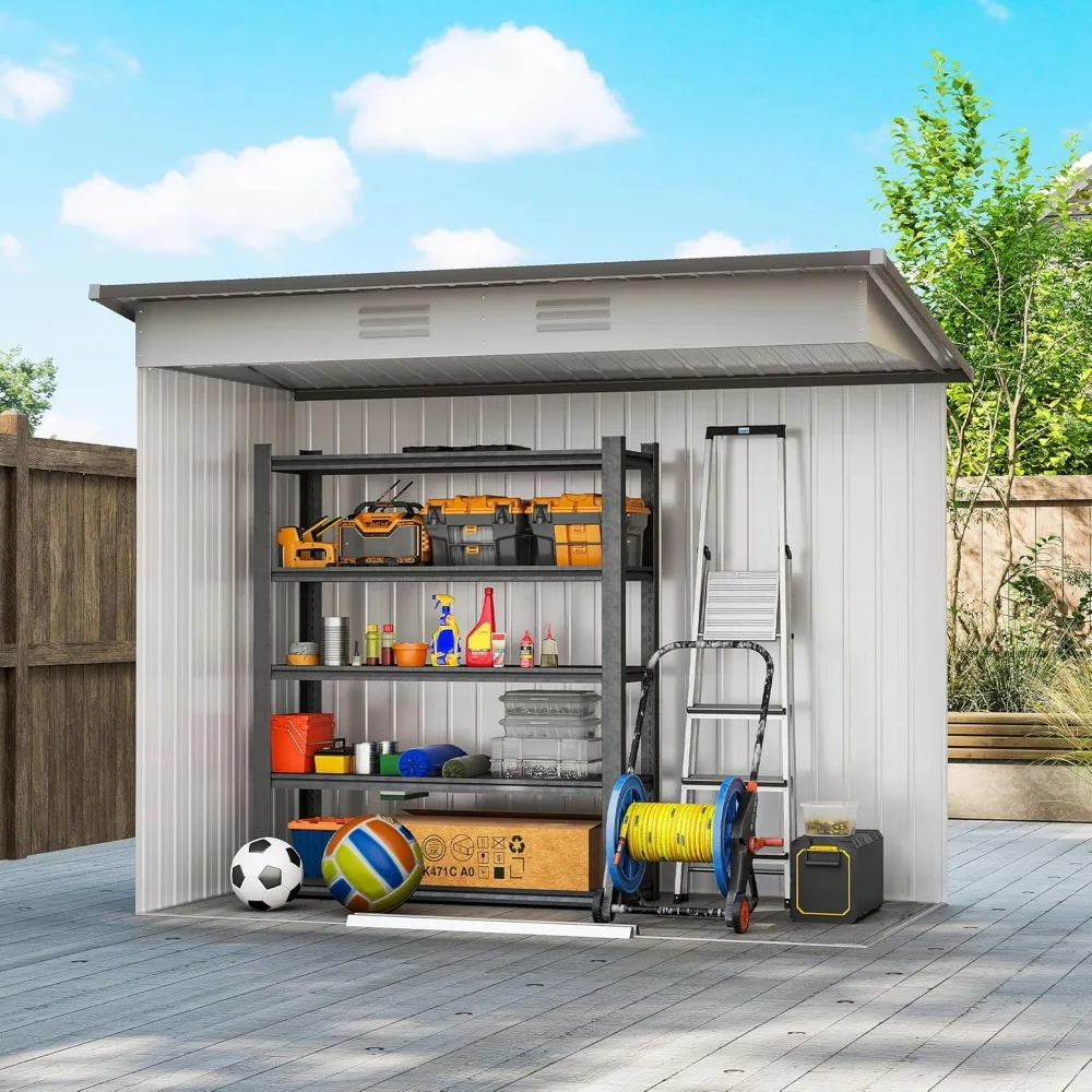 سقيفة معدنية مائل للتخزين في الهواء الطلق، منزل أدوات الحديقة مقاس 8 × 4 مع أبواب منزلقة مزدوجة وفتحتين للهواء
