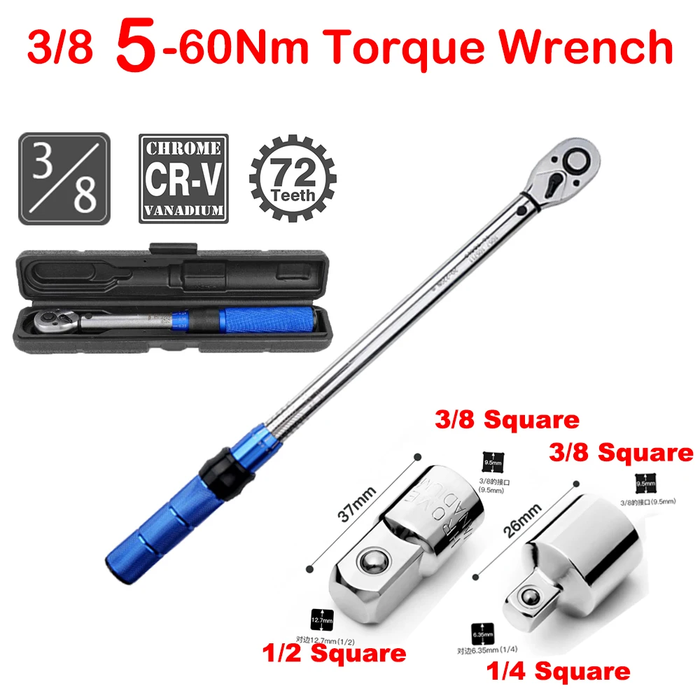 5-60Nm Torque Wrench 3/8 Bike Square Adapter Drive Key Set Professional Torque Spanner Automotive Key Mechanical Workshop Tools