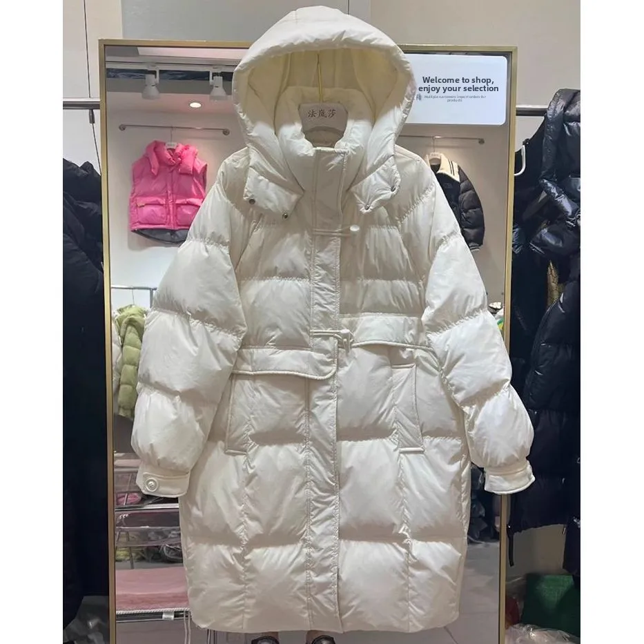 

Thickened down Cotton Jacket Women's Mid-Length Hooded Coat Korean Style Commute Nylon Fiber Pure Color Zipper Closure