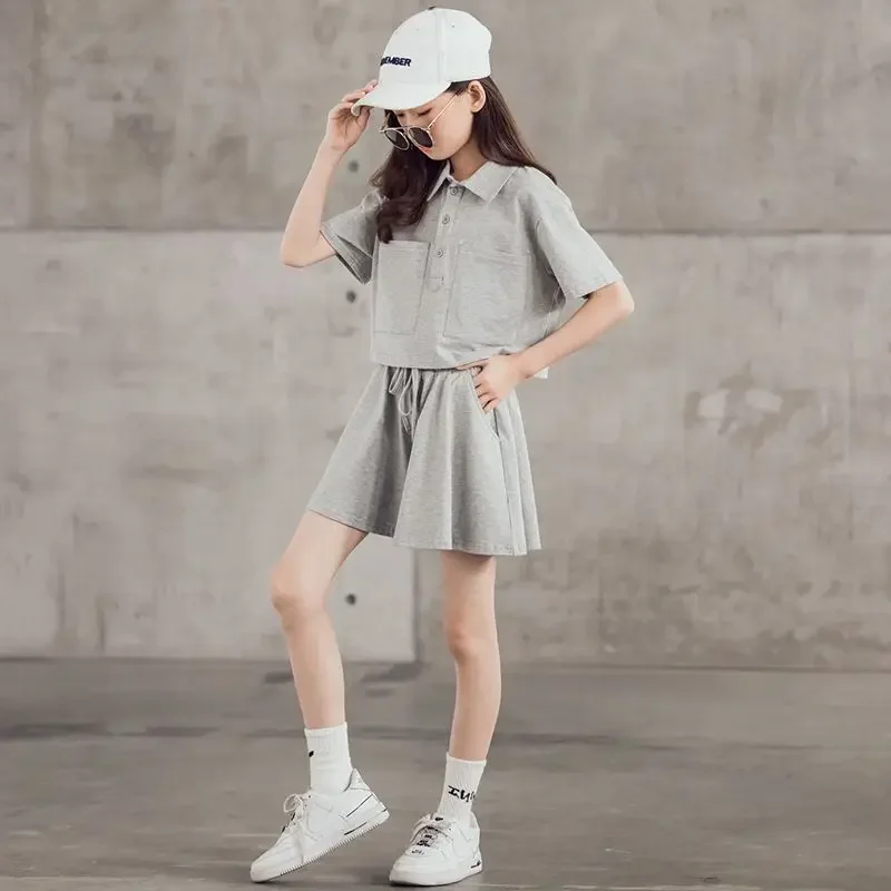 Conjunto de shorts e uniforme de manga curta feminino, roupa infantil, roupas de treino de bebê, estilo universitário, roupas de verão, 12 anos, 13 anos, 2 peças, 2024