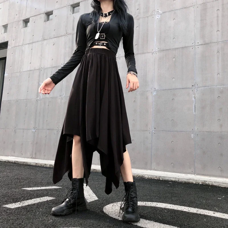 Vintage koreanischen Rock dunkels chwarz unregelmäßig hohe Taille Goth Punk Gothic schwarz Harajuku langen Rock nicht Stretch lose Passform