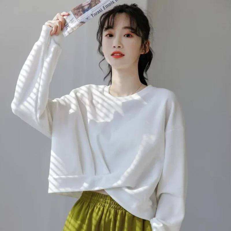 Sweatshirts for Women Asymmetrical Solid O-neck Spring All-match Fashion Students Korean Style Loose Classic Sudaderas Popular
