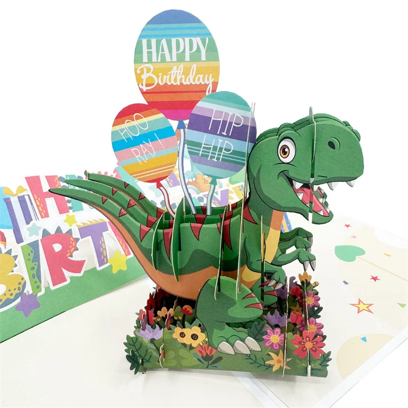 

5Pcs Pop-Up Greeting Card with Envelope Creative Dinosaur Balloon “Happy Birthday” 3D Handmade Greeting Card