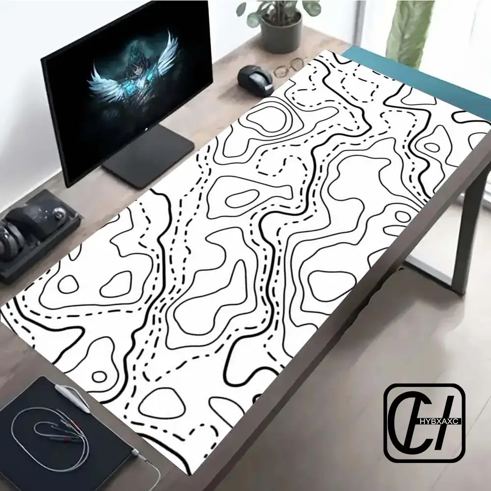 

Black And White Topographic Map Art Mouse Pad XXL Mousepad Rubber Keyboard Pads Gaming Setup Accessories Mouse Mat 900x400mm