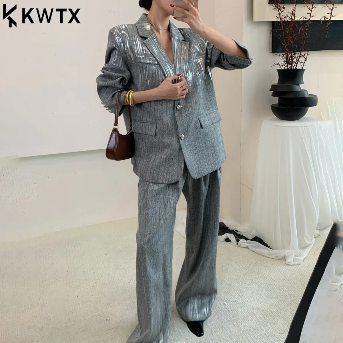 

KWTX Women’s Casual Color Block Two Piece Set Lapel Blazer Wide Leg Pants Doodle Print Slimming Elegant Quality Spring Summer