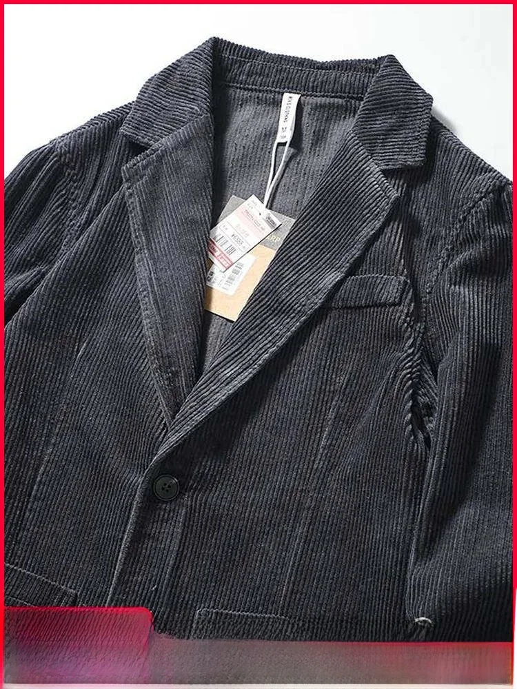 

Premium Cotton Corduroy Men's Busin Casual Suit Jaet Luxury Lightweight Classic Fit Long Sve Button Decoration