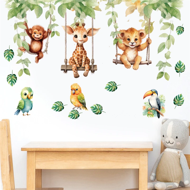 Cute Animals Swing Wall Stickers Kids Bedroom Decoration Diy Cartoon Monkey Giraffe Lion Safari Mural Art Pvc Posters Home Decal