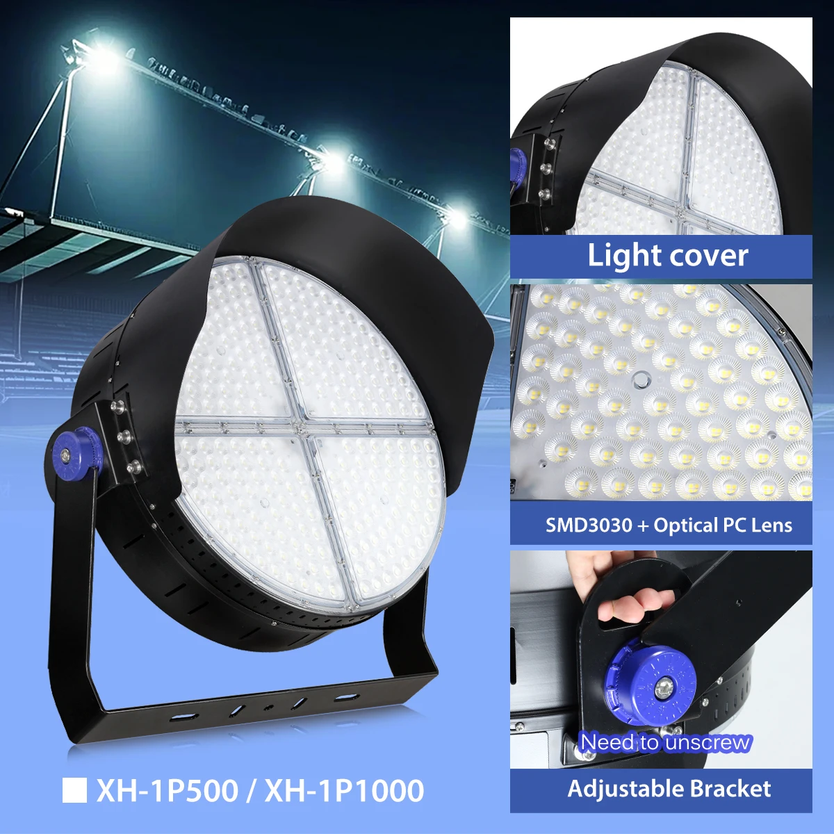 🌴 Gran Angular 60 °   Luz LED para Estadios de Alta Eficiencia, Chip LED de Alto Brillo 6000K 130LM/W, IP65 Impermeable, Soporte Ajustable
