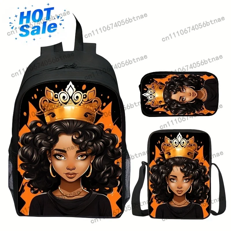 Superbe ensemble de sacs à dos motif Reine Africaine pour femmes et jeunes - Polyester noir avec design Couronne Dorée, Bretelles réglables, Fermeture éclair