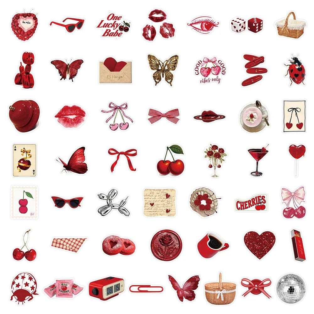 50Pcs Red Coquette Aesthetic Stickers Cute Cherry Bow Decals for Journal Phone Case Decor  Lukesen Store Peel Joy Sticker Store