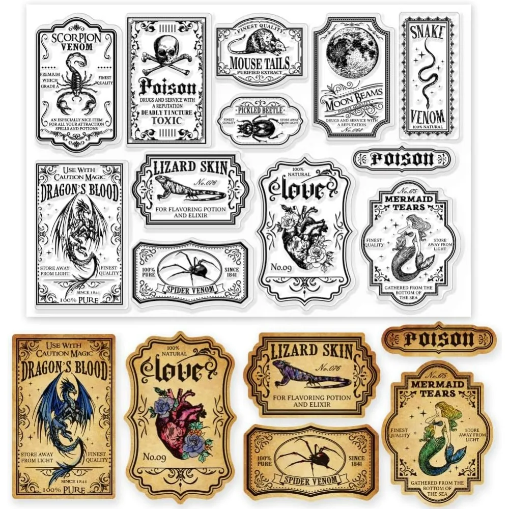Halloween-Tranketikett, magische transparente Stempel, Tranketikett, magische dekorative transparente Stempel, Silikonstempel für die Kartenherstellung und Fotos