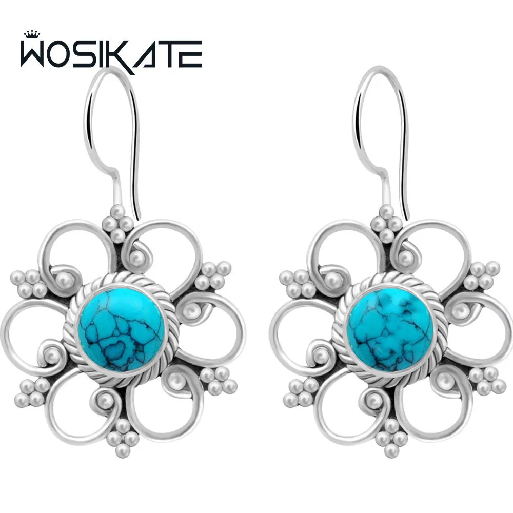 WOSIKATE винтажные серьги с бирюзовым цветком для женщин, посеребренные серьги-капли 925, модные ювелирные изделия, подарки, аксессуары, оптовая продажа