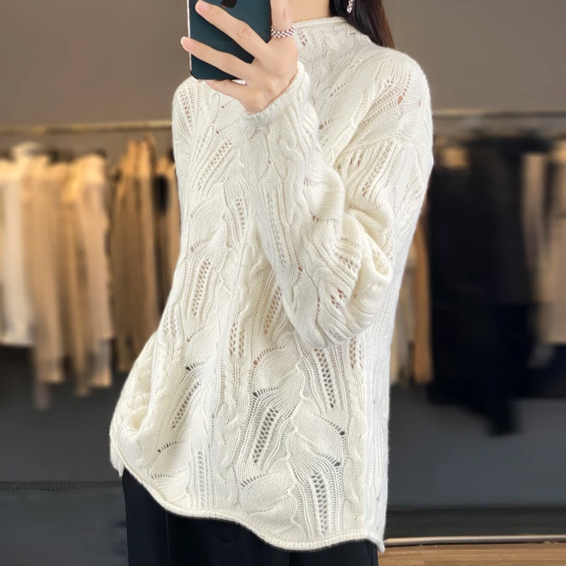 Women\'s Knitted Hollow Half High Collar Sweater, 100% Australian Wool Sweater, Slim Fit, Thin Style, Exquisite Style, Monochroma