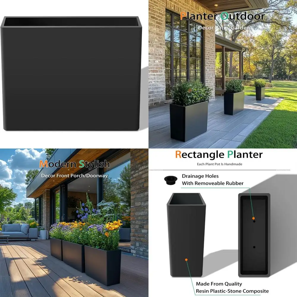 

Большой уличный высокий ящик для цветов для патио и переднего крыльца, садовые горшки из смолы, черный, 25 x 21 дюйм