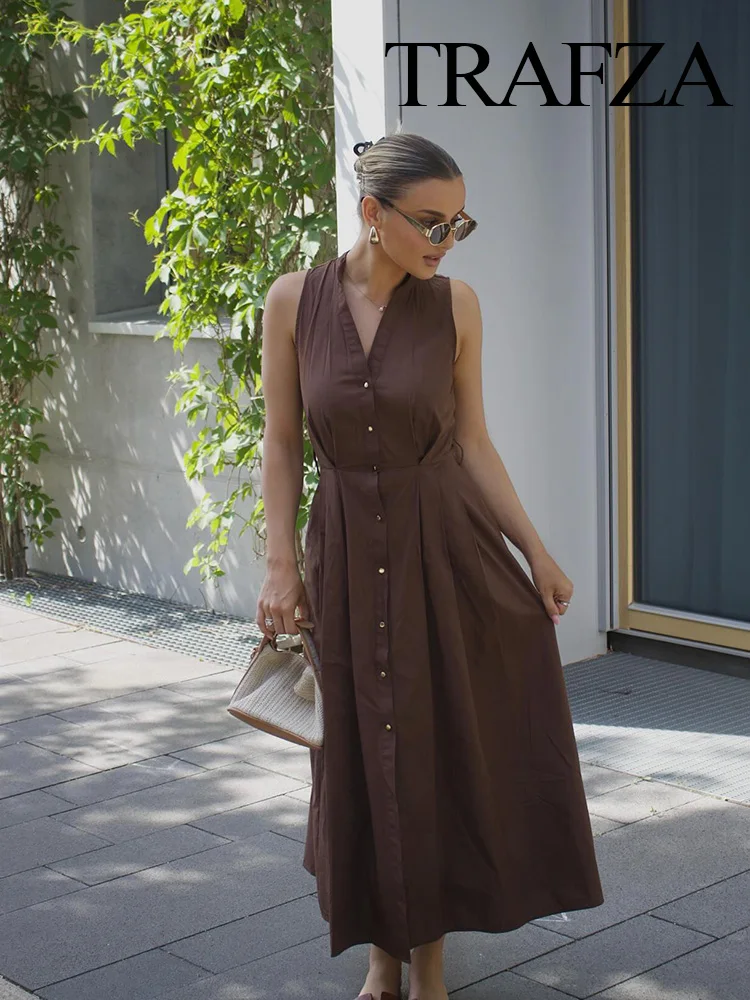

TRAFZA Summer Women Elegant With Belt Single-breasted Commute Dress Female Sexy Pockets Pleated Decorate Sleeveless Midi Dress