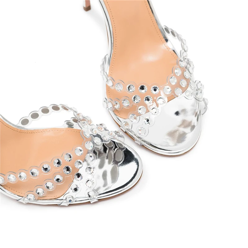 Bling Bling Crystal Sandals for Women Silver High Heels Strappy Beaded Bride Wedding Dress Shoes Ladies Pumps Sexy PVC Stiletto