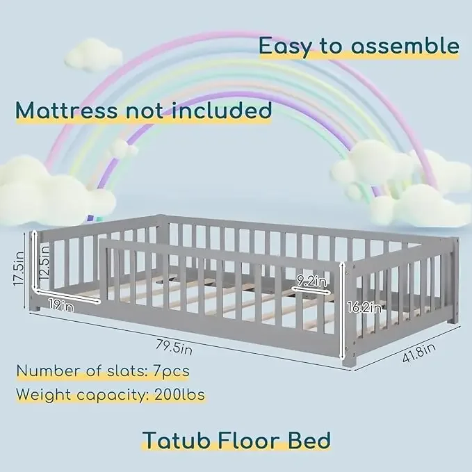 Twin Size Floor Bed with Safety Guardrails and Door and Slats, Montessori Floor Bed Frame for Kids Wood Montessori Floor