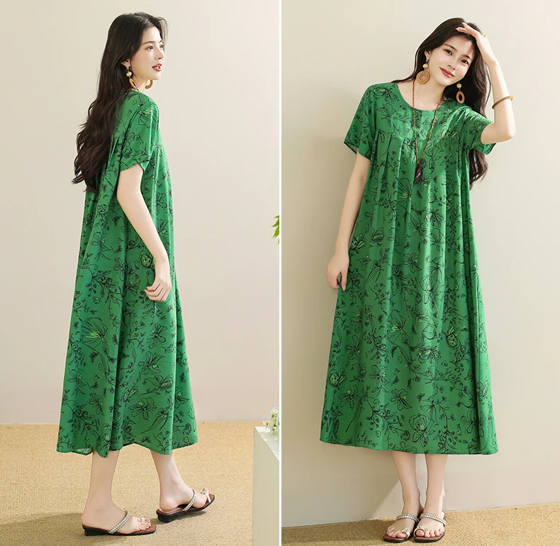 New 2025 Summer Dress For Women Plus Size Dress Casual Short Sleeve Boho Vintage Print Long Maxi Dress Beach Women Clothing