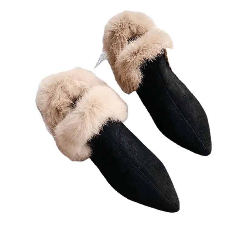 Fashion Fur Short Boots for Women Winter Pointed Toe Suede Ankle Boots Black Versatile Flat Botas Women Plush Warm Casual Shoes