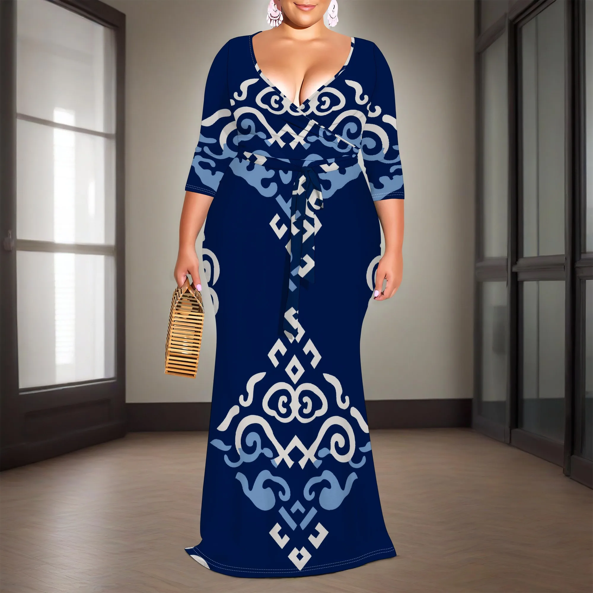 

Navy Tribal Print Wrap Dress XL-6XL V-Neck 3/4 Sleeve Belted Maxi Style for Heritage Day, Cultural Event or Art Gallery Look
