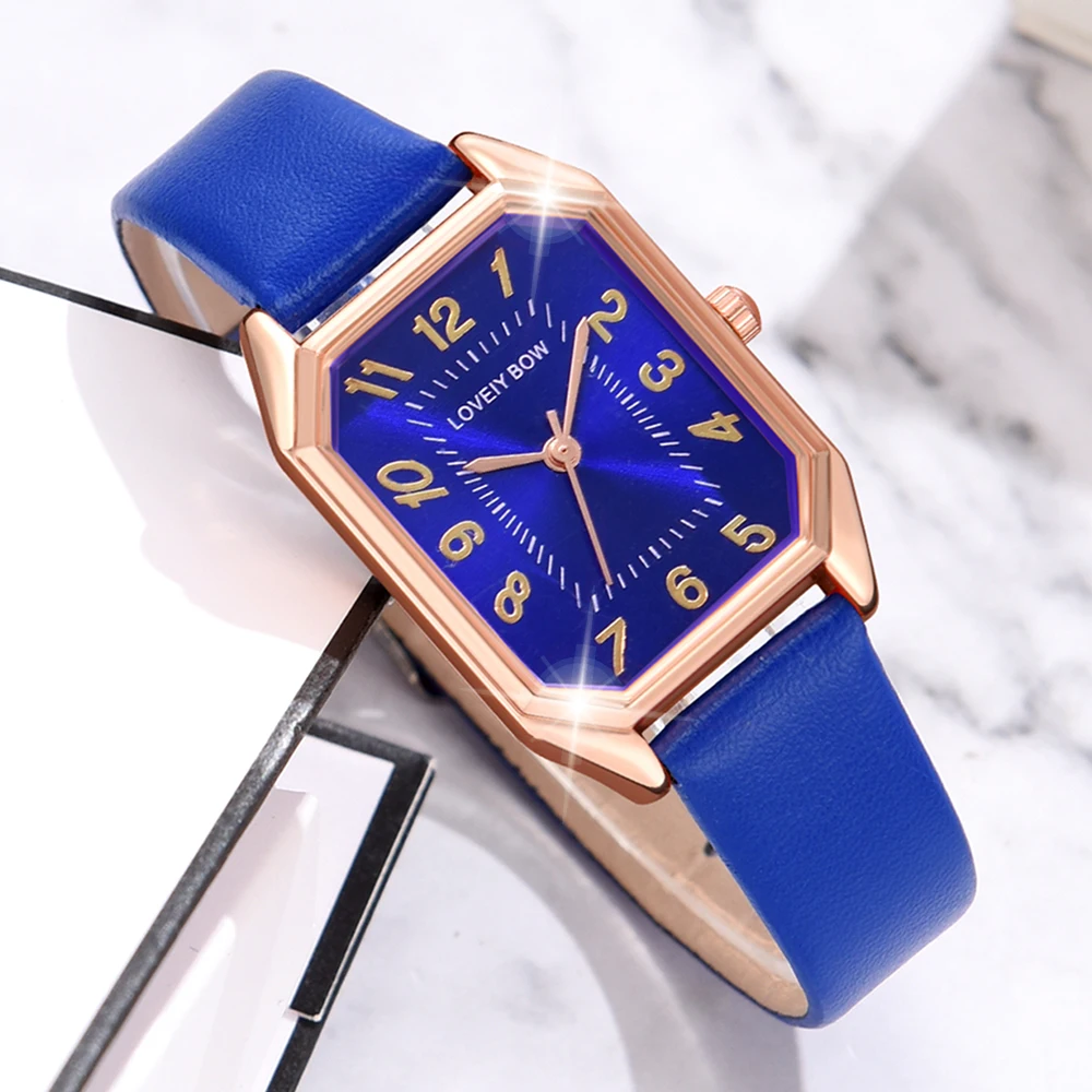 5PCS/Set White Women Watch Fashionable Blue Elements Dial Quartz Wristwatch Leather Strap Watch Jewelry Set Gift For Her