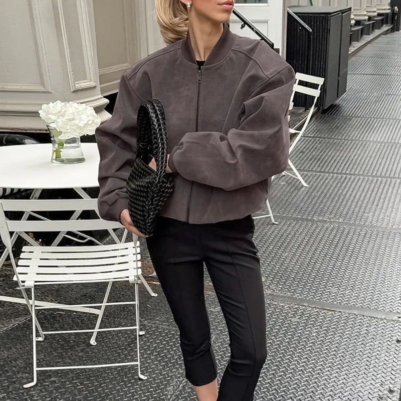 Talenza Women Grey Jacket Retro Fashion Streetwear Long Sleeve Coats Autumn Pilot Zipper Jacket Loose Chic Office Female Jacket