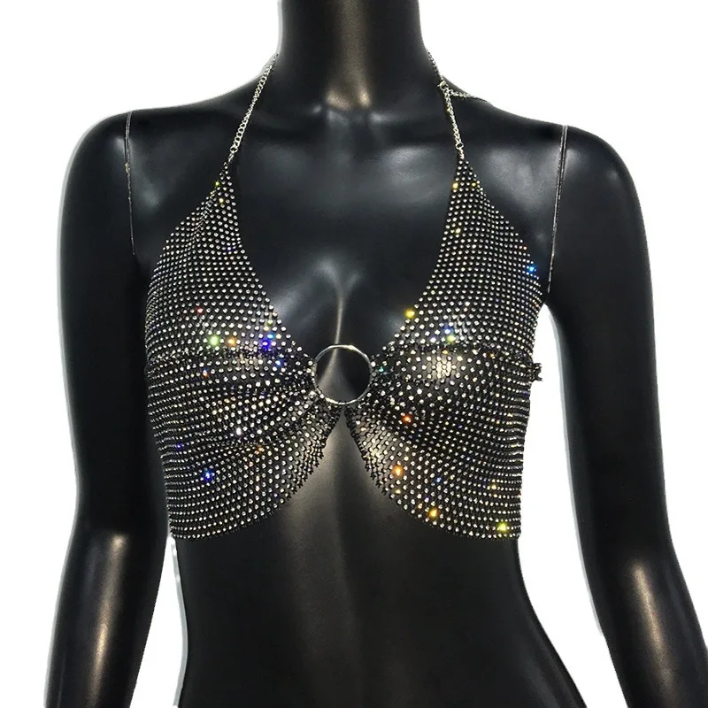 

Sexy Tight Sparkling Water Diamond Fiing Net Bikini Top Women's Crossbody Strapl Tube Crop Top Ultra Thin Knitted Fabric