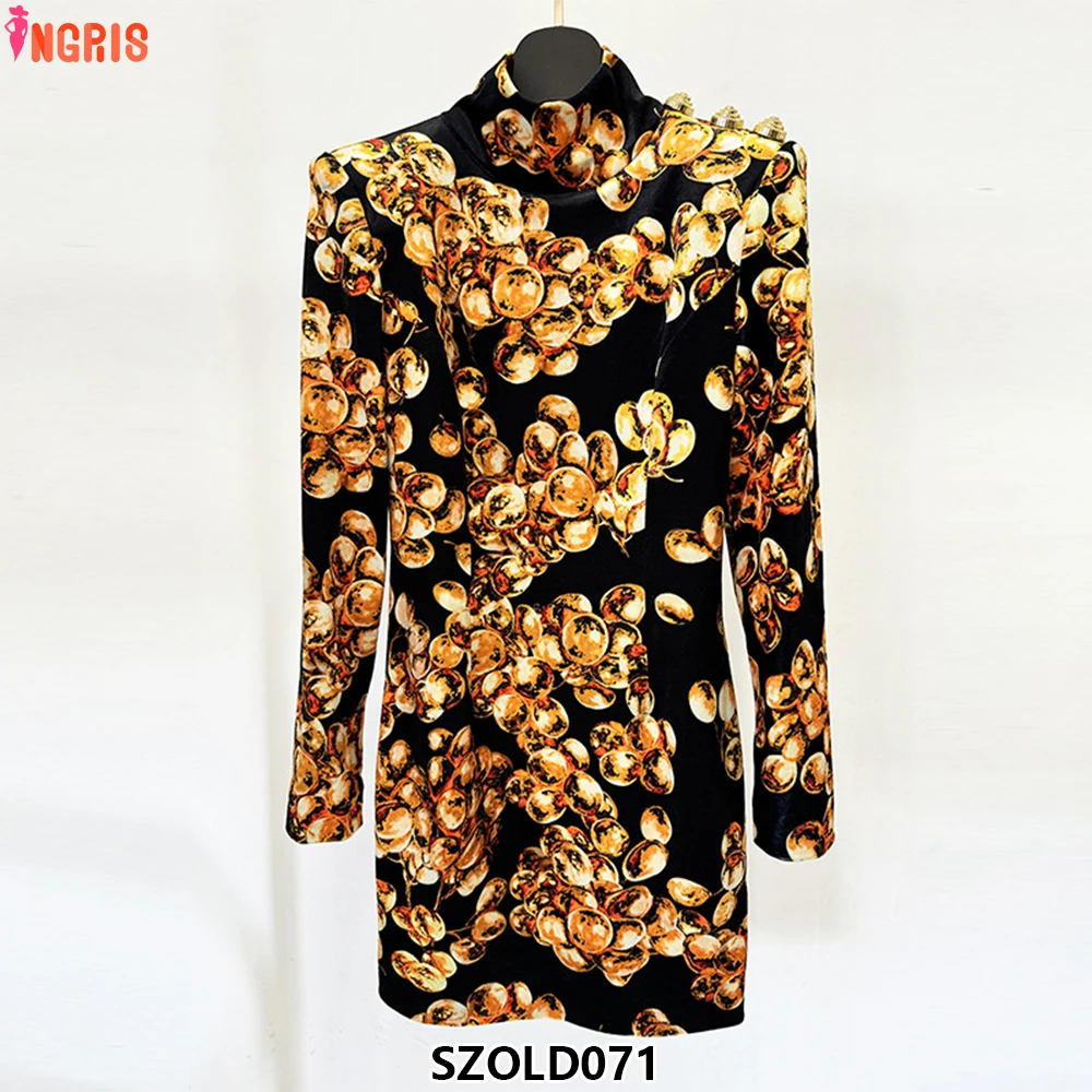 

High street latest fashion autumn winter designer women's long sleeve printed velvet dress-SZOLD071