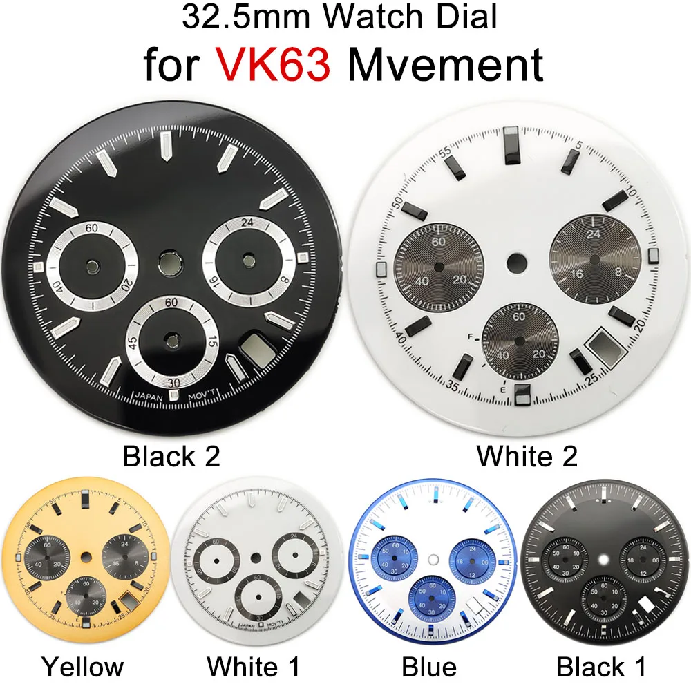 32.5mm Watch Dial for VK63 Movement Multi-function Chronograph Watch Face Seconds Six Hands Green Luminous Dial Accessories