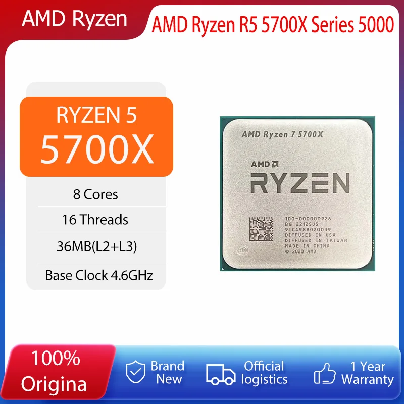AMD Ryzen 7 5700X R7 5700X Processor 4.6GHz 8 Core 16 Thread TDP 65W 7NM L3 = 32M Socket AM4 Gaming Processor but without cooler;Ryzen 7 5700X CPU Supports overclocking on B450, B550, X570,Motherboards