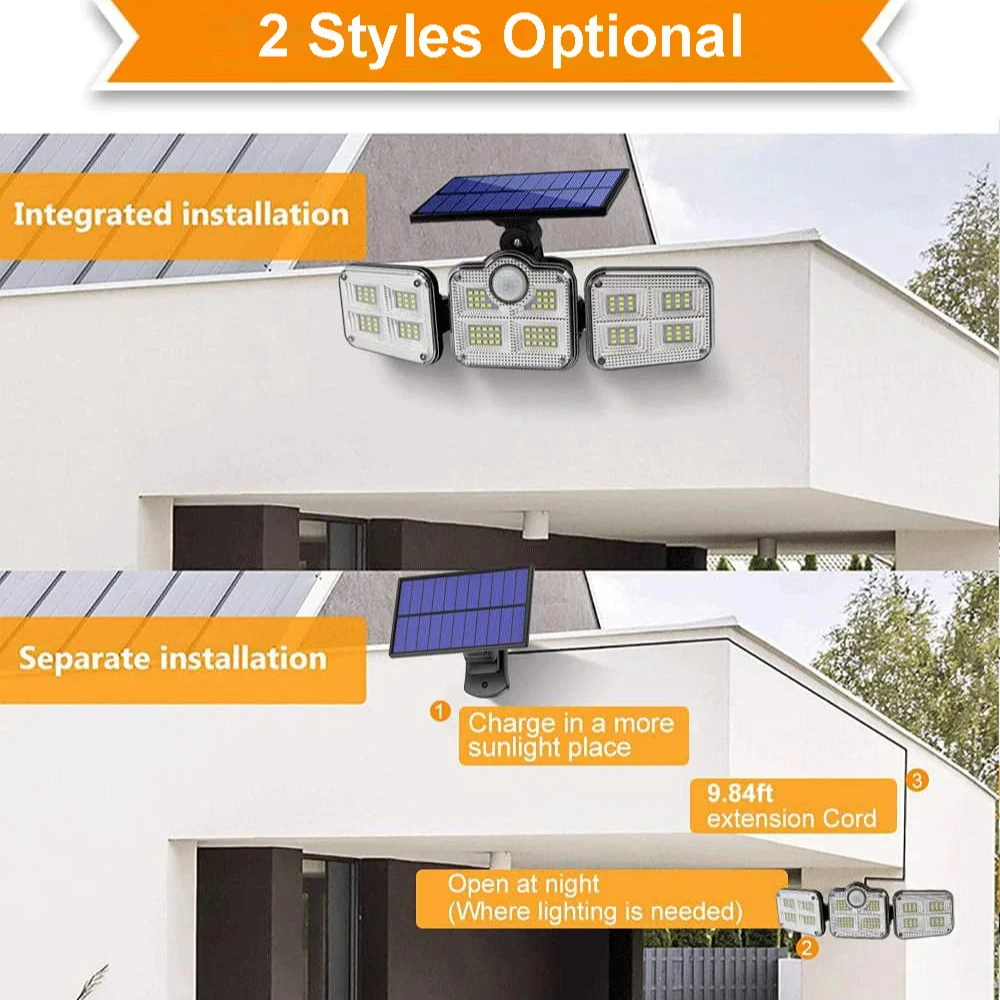 Lámpara Solar, lámpara de seguridad de inundación para exteriores con luz Solar remota, luz de pared, focos impermeables, Sensor de movimiento, farolas de 3 cabezales