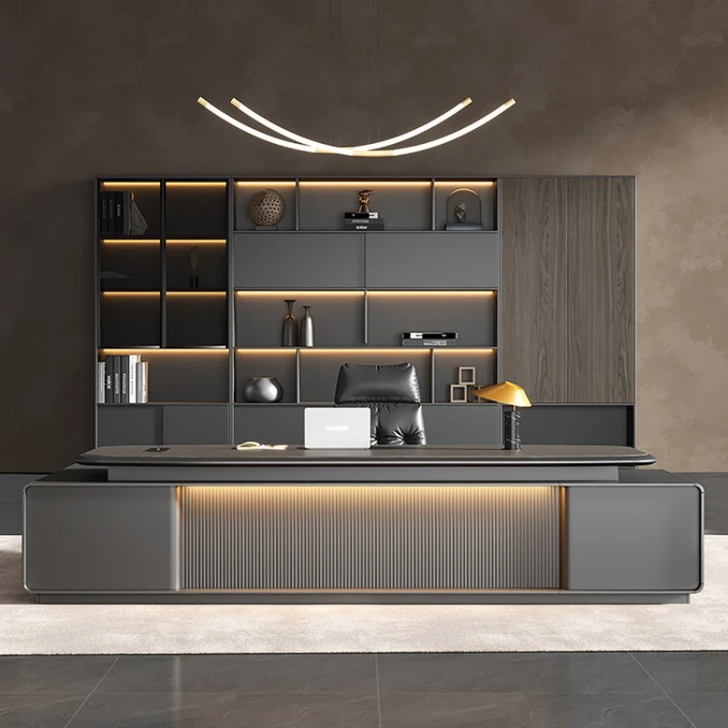 

Office large executive desk black minimalist premium luxury boss table multifunctional design mesa de escritório furniture