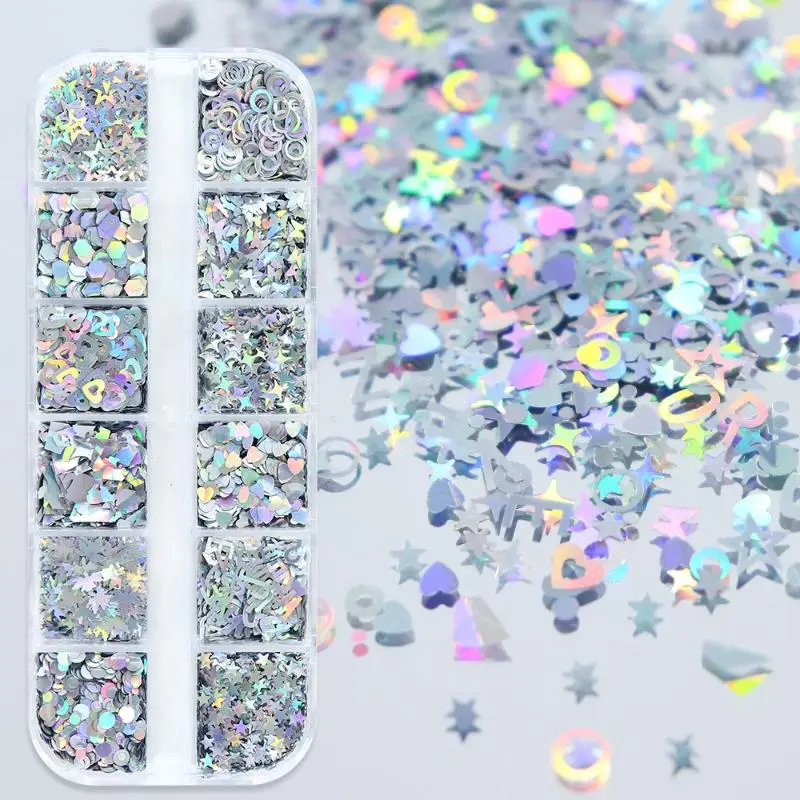 12-Gitter Nagelverbesserung Silber Stern Liebe Muster Laser Nagel Glitzer Flash Nageldekoration Nagel Charm DIY Maniküre Werkzeuge