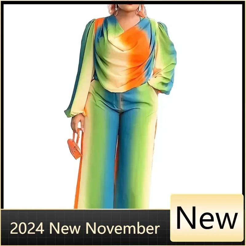 

Customized 2 Piece African Clothes for Women Fashion Autumn African Long Sleeve V-neck Polyester Top Long Pant Matching Sets Out