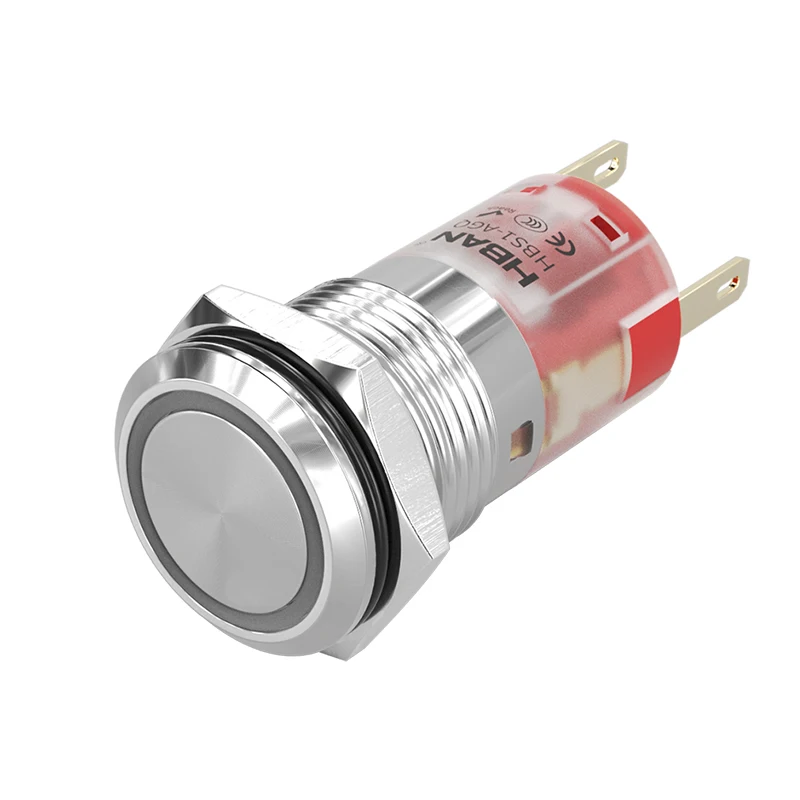 

HBAN 16mm LED Stainless Steel Flat Head Ring Illuminated Latching/Momentary Push Button Switch Industrial Control Electronic