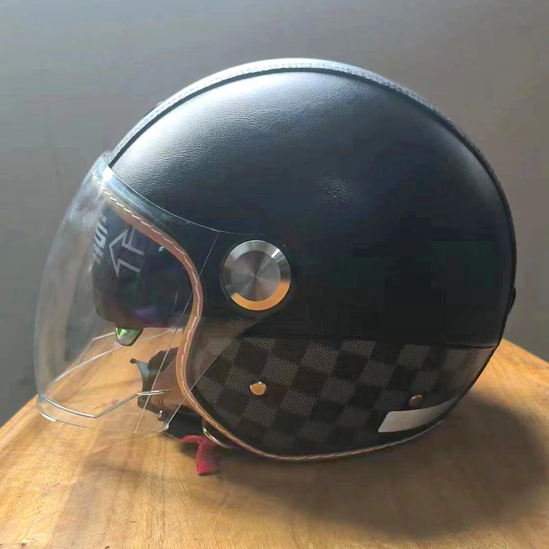 

Black Striped plaid Unisex Faux Leather helmet 3/4 Motorcycle Helmet for man women Dual Visor Full Face