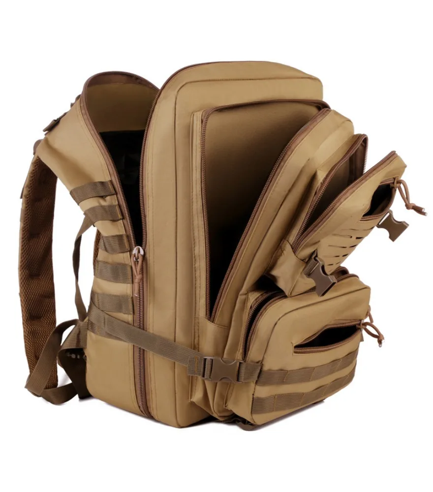 Brown tactical style backpack with molle system multiple zippered pockets and adjustable compression straps durable material