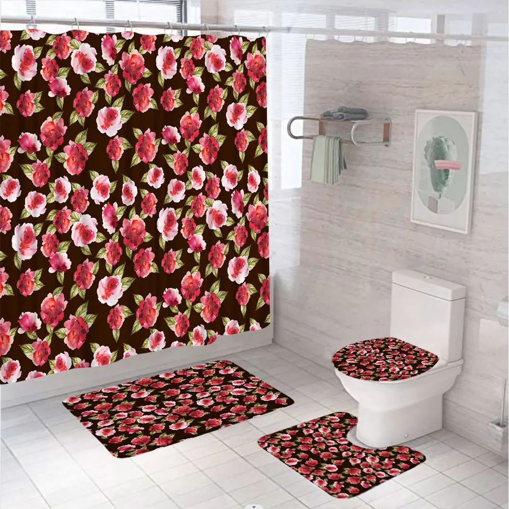 Floral Shower Curtain Set Non-Slip Rug Toilet Lid Cover Bath Mat Fabric Pink Rose Flower Spring Wedding Women Bathroom Curtains