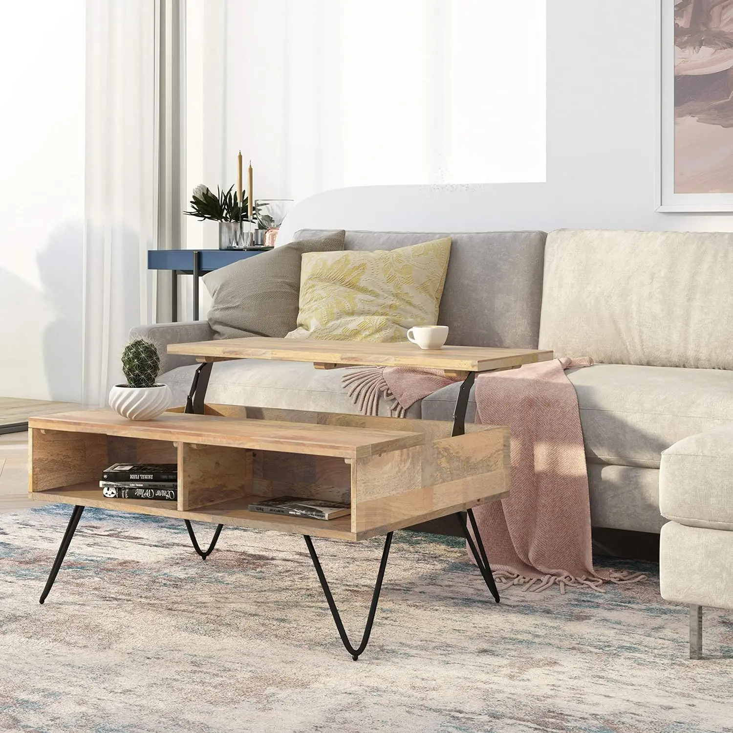 Solid Wood and Metal 36 Inch Wide Rectangle Industrial Lift Top Coffee Table in Natural, For the Living Room and Family Room