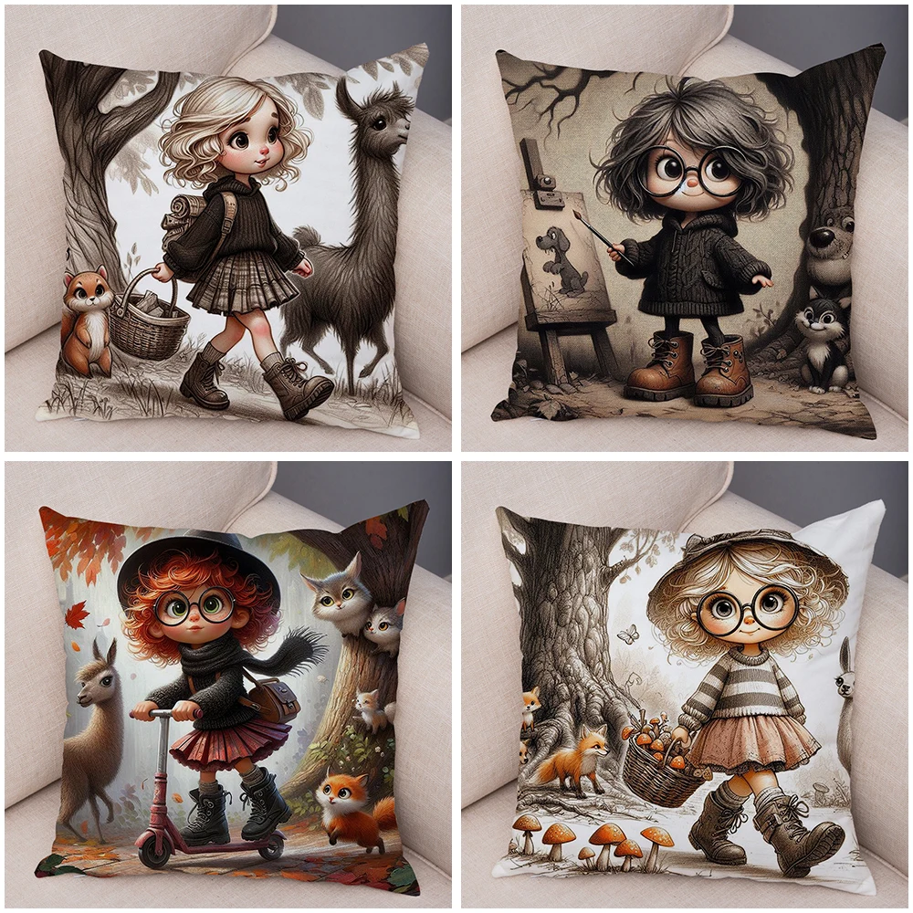 Poszewka na poduszkę Cute Cartoon Forest Girl and Pet Dog z podwójnym nadrukiem na sofę Poszewka na poduszkę 40x40cm Miękka pluszowa poszewka na